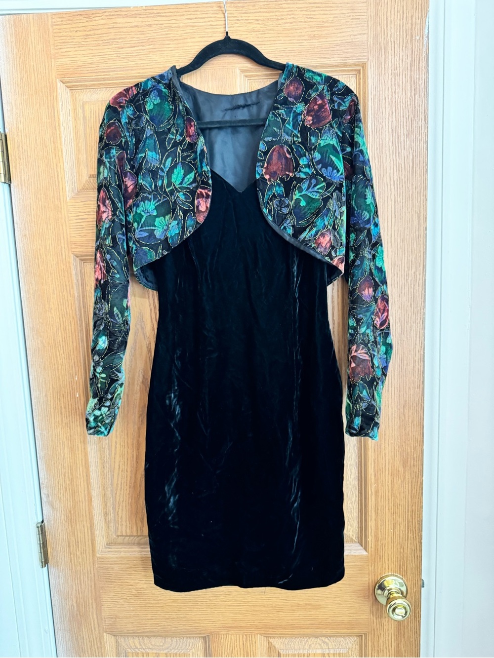 Vintage Black Velvet Sheath Dress with Floral Bolero